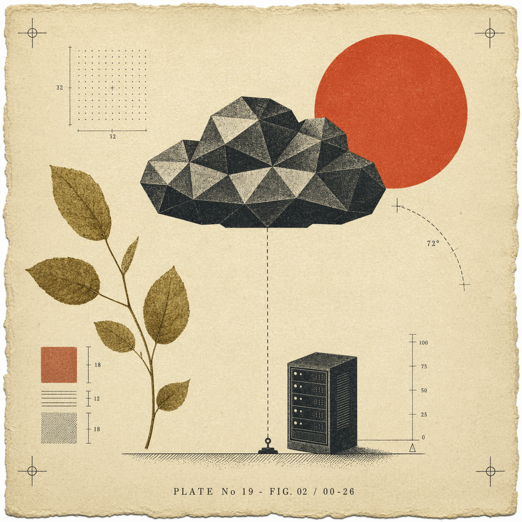 A black faceted cloud solid tethered by a dashed line to a small ground anchor and server block, on a warm editorial study plate
